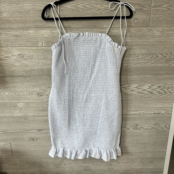 Cousin Couture Smocked Mini Dress Light Blue Pinstripe Ruffle Tie Straps M - Picture 2 of 9